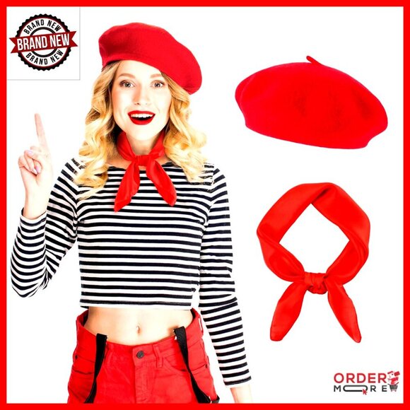 Wool Blend Beret Hat with Scarf Set, One Size Fits Most Women